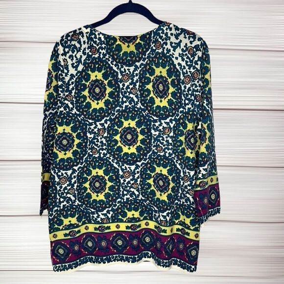 Talbots Merino Wool Lightweight Sweater Aqua Blue Yellow 3/4 Sleeve size X - Picture 7 of 10